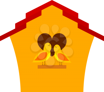 Yellow Cartoon birdhouse with birds. Two birds in front of his home singing a song of love. 
Spring season. Symbol of family, love and prosperity. A vivid illustration of a happy family 
life. Stock