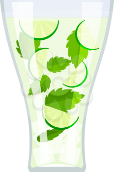 High glass glass with a drink mojitos, mint leaves, lime slices and ice cubes on a white 
background. Isolate. Cartoon style. Stock vector illustration
