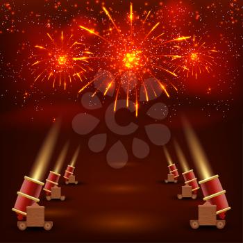 Festival red background. Red festive background with shooting guns and brightly colored confetti. Stock vector illustration
