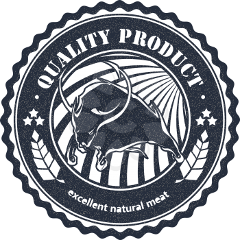 Logo cattle farm in a grunge style on white background. Black bull on a circular badge. Stock vector illustration.