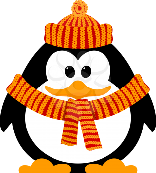 Little cute penguin on a white background. Vector illustration of a baby penguin in hat and red scarf on the neck. Isolate. Fauna of the Antarctic. Symbol of winter, Cartoon style.