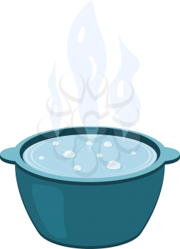 Vector illustration of a metal pot with boiling water. Cooking food. Cartoon kettle with steam on a white background.
