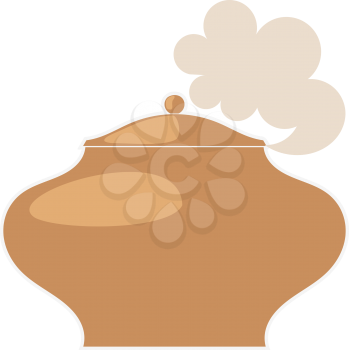 Vector illustration of a clay pot with lid on white background. Pot with steam, Cartoon style. 
Isolated object kitchen utensils