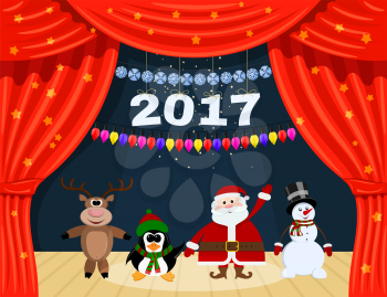 Open red theater curtain with stars, snowflakes, garland and Santa Claus. Santa Claus and 
reindeer, snowman, penguinat the theater. Happy New Year. Speech by 2017. Vector 
illustration