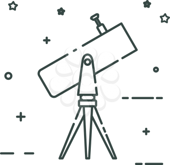 Telescope on the tripod looks to the sky. Linear color icon. Isolated on white background. Vector illustration.
