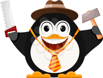 Merry penguin in a hat with a hammer and a saw. Father's day concept. Cartoon style color vector illustration