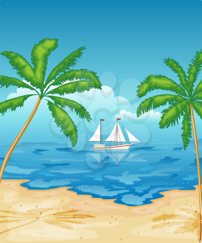 Sailboat in the sea. Tropical beach with palm trees. Rest, travel.Vector illustration.