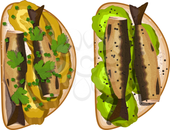Sandwich with sprats, pickles, and parsley on a white background. Vector illustration