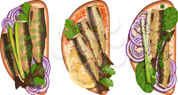Set of toasts with various wholesome food products: egg, avocado, caviar, onion, sprat, spinach, lemon, dill.  Healthy food on white bread. Vector illustration of sandwiches