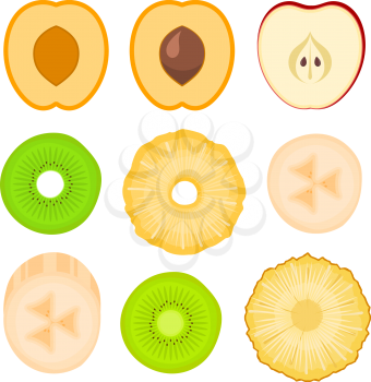 Set of fruit slices on a white background. Pineapple, apple, peach, kiwi, banana. Vector illustration