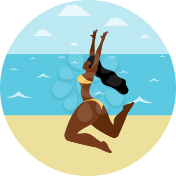 Young dark-skinned girl joy running through the sand by the sea. Young woman in the summer on vacation, rest and relaxation. Vector illustration of summer pastime.