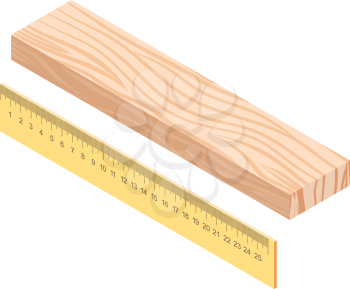 Wood bar with a ruler on a white background. Lumber and measuring equipment. Vector illustration