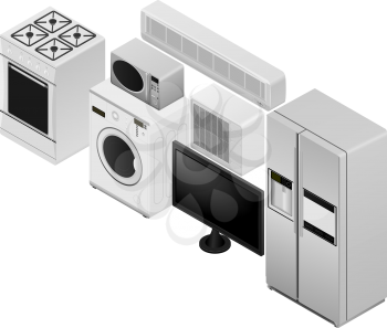 Isometric household appliances on a white background. Isolated household items. Washing machine, gas stove, refrigerator, microwave, air conditioning. Vector illustration