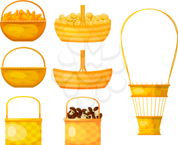 Set of yellow baskets of willow twig on white background. Baskets with pears, apples and mushrooms. Vector illustration