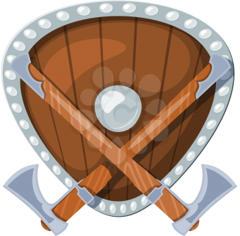 Colored illustration of two battle Scandinavian axes against the background of a shield. Vector image of Viking axes and shield in cartoon style