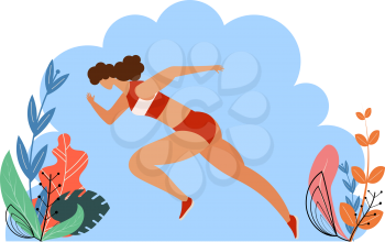 Running woman Sports girl sprinter on a background of blue sky and plants. Vector illustration of summer sport