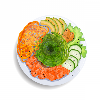 White round poke bowl with salmon, avocado,cucumber, carrot and seaweed on a white background. Trend Hawaiian food. Vector illustration of healthy food.