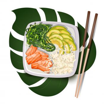 White square poke bowl with salmon, avocado, rice and sea kale on a tropical leaf on a white background with chopsticks. Trend Hawaiian food. Vector illustration of healthy food.