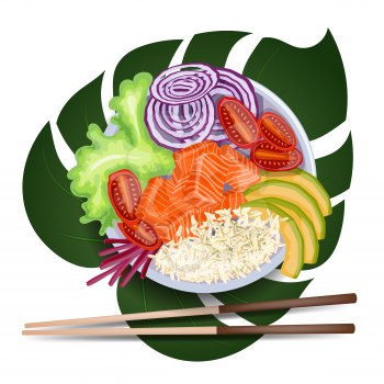 White round poke bowl with salmon, avocado, rice and onion ring, tomato on a white background on a tropical leaf with chopsticks. Trend Hawaiian food. Vector illustration of healthy food.