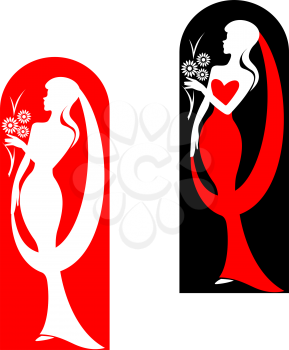 Beautiful bride with flowers in red for wedding design. Vector illustration