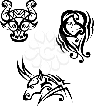 Taurus, virgo and capricorn zodiacal symbols in tribal style