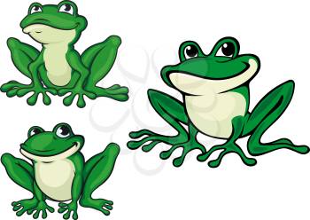 Green cartoon frogs set for wildlife or fairytale design
