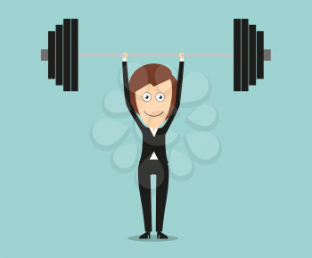 Strong business woman in elegant black suit lifting a barbell above head for achievements in business concept design. Cartoon flat style