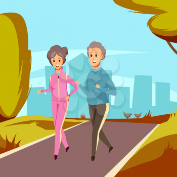 Senior couple or old man and woman on sport jogging. Vector people in sports outfit run on road in park at urban cityscape for health or healthy lifestyle activity concept design