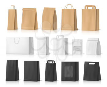 Paper bag mockups of shopping, gifts and food packages realistic vector design. White, brown and black bags or boxes, made of craft paper or cardboard with cord handles and transparent windows