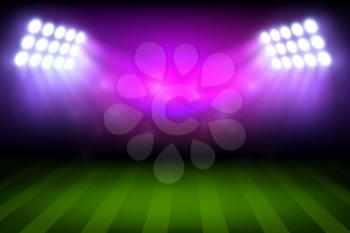Soccer or football sport stadium field with lights, realistic vector background. Empty green grass playground or play field of sporting arena with lighting masts and spotlights, championship design