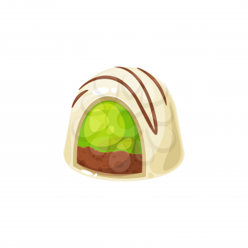White chocolate candy with green jelly filling isolated sweet confectionery food. Vector tasty dessert, delicious candy treat with topping, glossy sweets with caramel filling, homemade sugar food
