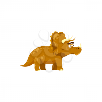 Dinosaur cartoon prehistoric horned animal isolated dino with three horns. Vector cartoon kind triceratops, horned dino of jurassic period. Horridus dino with fringe over head, herbivorous dinosaur