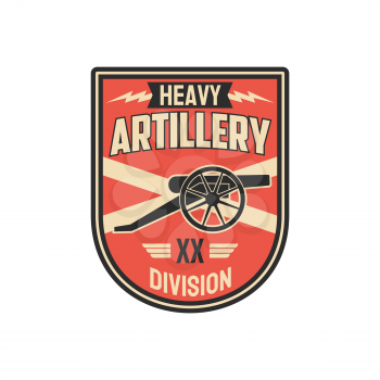 Division of heavy artillery isolated chevron with armored vehicle. Vector battalion of tank tracks, infantry squad with anti-aircraft machine, military training operations, seal on office uniform
