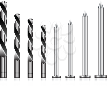 Royalty Free Clipart Image of Drill Bits and Nails