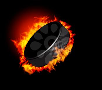 Hockey Puck in Fire isolated on Black Background. Vector.