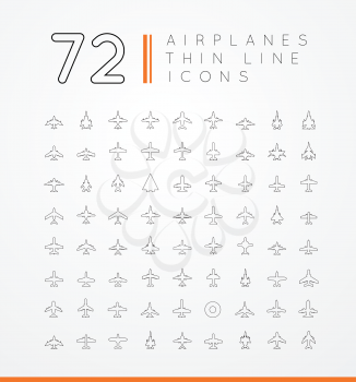 72 thin line vector icons of airplanes on white background
