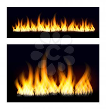 Fiery flames on a dark background. Fire bonfire. Vector realistic illustration