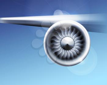 Turbine engine jet for airplane with fan blades in a circular motion. Vector illustration for aircraft industry. Close-up on a blue sky background