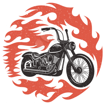 Classic chopper motorcycle with fire flame. T-shirt print graphics. Grunge texture on a separate layer