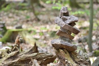 A small cairn made by tourists in the forest against a background of trees