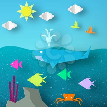 Underwater Paper Word. Undersea Life with Cut Whale, Fishes, Crab, Coral, Clouds, Sun.  Over the Sea Flying Birds. Summer Landscape. Cutout Handmade Applique. Vector Illustrations Art Design.