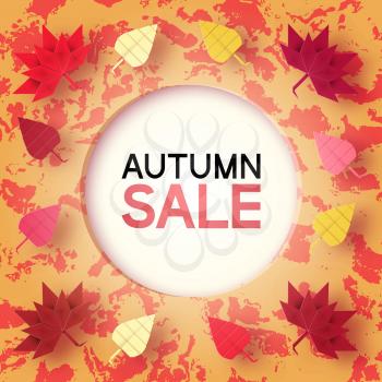 Paper Origami Autumn Sale Discount Card for Fall Time. Cut Elements with Typographic Text illustrate the Advertising Voucher. Papercut Style. Cutout Trend. Vector Graphics Illustrations Art Design.