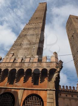 Torre Garisenda and Torre Degli Asinelli leaning towers aka Due Torri (meaning Two towers) in Bologna, Italy