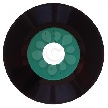 Vinyl record vintage analog music recording medium, 45rpm single with green label isolated over white