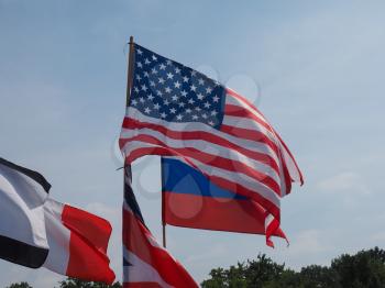 British, Russian and American flags in front of German Bundestag parliament