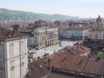 Aerial view of Piazza Castello central baroque square in Turin Italy