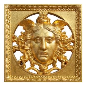 Ancient baroque golden mask on a fence at Palazzo Reale Turin Italy