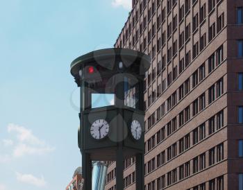 Replica of the oldest traffic light in the world in Potsdamer Platz, Berlin, Germany