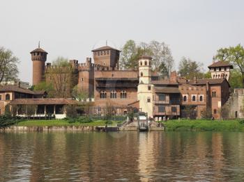 Castello Medievale (meaning Medieval Castle) in Parco del Valentino park seen from river Po in Turin, Italy