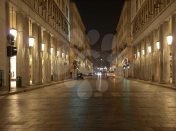 Via Roma, central highstreet in Turin, Italy - at night